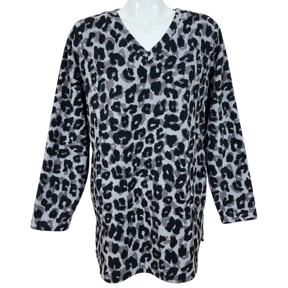 Denim&Company Leopard Print V Neck Fleece Polyester Pullover Size Large